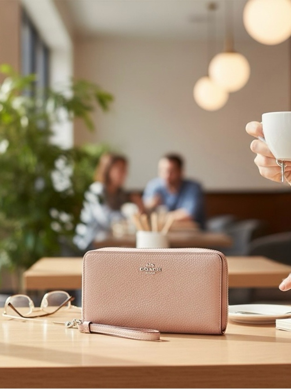 Coach Pebbled Leather Zip Wallet Wristlet - Dusty Pink